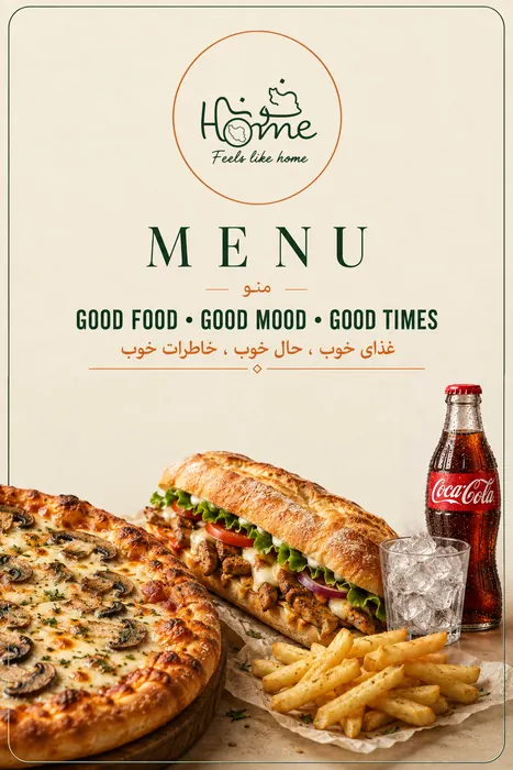 Home menu cover in cream with mushroom pizza, chicken sandwich and fries
